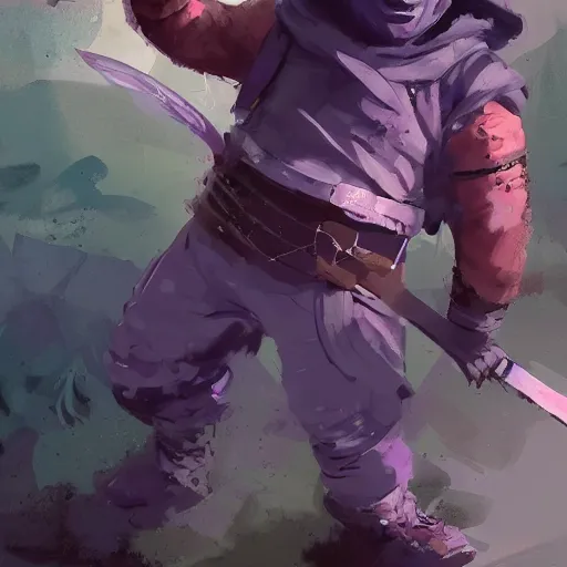 Image similar to male dwarf youth adventurer with purple skin, by Ismail Inceoglu, wearing leather adventuring clothes, shabby, short, kid, bald, wielding knife, happy grin, character portrait closeup, digital art, dungeons and dragon, character