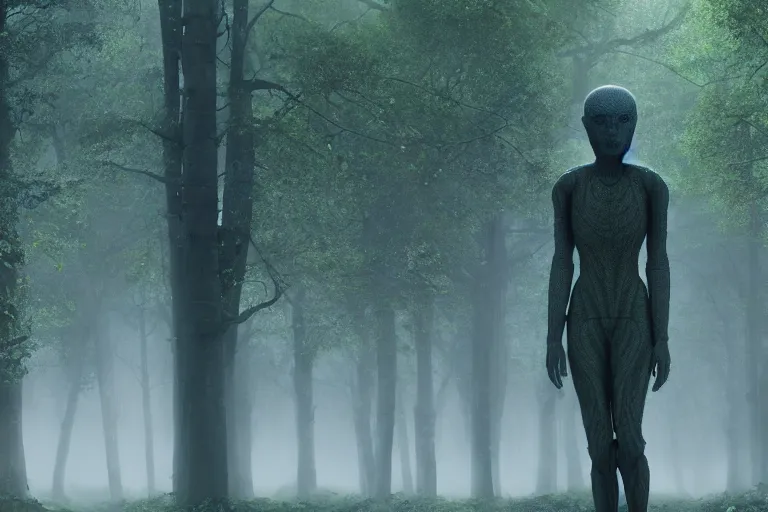 Image similar to a complex organic fractal 3 d ceramic humanoid megastructure in a lush forest, foggy, cinematic shot, photo still from movie by denis villeneuve