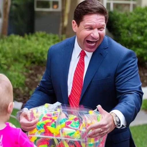 Prompt: ron desantis taking candy from babies and laughing maniacally about it, very realistic