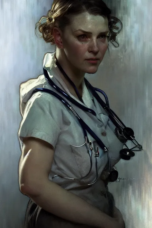 Image similar to hyperrealist portrait of a ww 2 female nurse by jeremy mann and alphonse mucha, fantasy art, photo realistic, dynamic lighting, artstation, poster, volumetric lighting, very detailed faces, 4 k, award winning