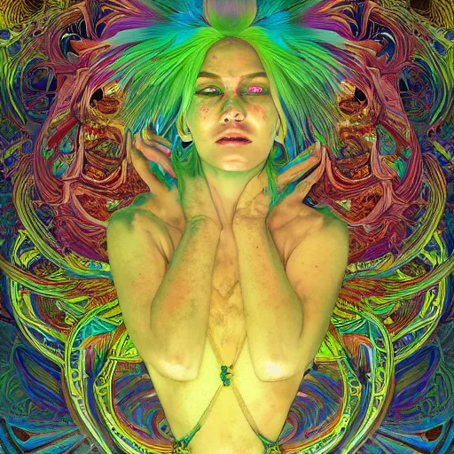 Image similar to A reality bending psychedelic ayahuasca experience, colorful, distorted, surreal, tropical bird feathers, dramatic lighting on the face, intricate, elegant, highly detailed, digital painting, concept art, smooth, sharp focus, illustration, art by Krenz Cushart and Wayne Barlowe and alphonse mucha