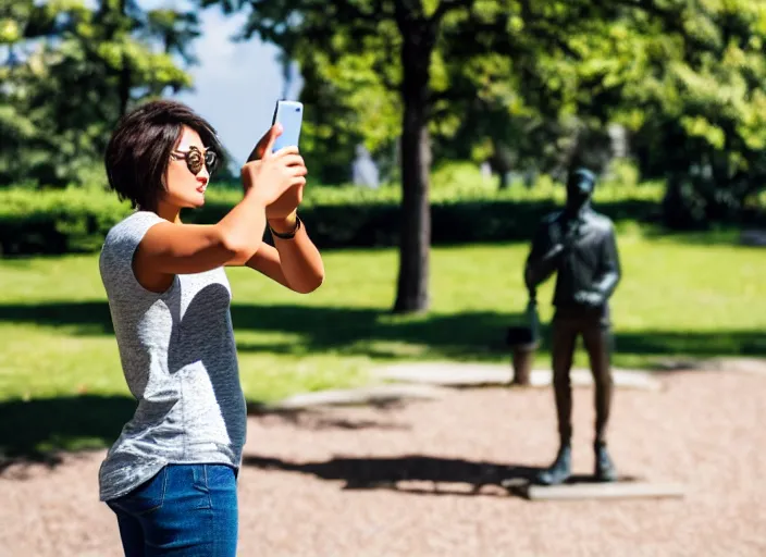 Image similar to photo still of a bronze statue of a woman using an iphone to take a selfie in a park on a bright sunny day, 8 k 8 5 mm f 1 6