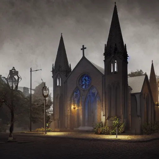 Image similar to victorian church in the middle of the city, dark, misty, at night, 8 k, detailed, concept art, trending on artstation