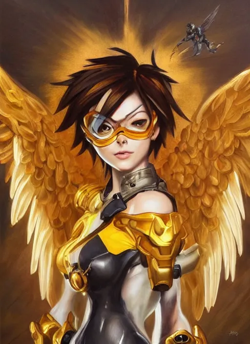 Image similar to full body oil painting of tracer overwatch in the style of frank frazetta, angel wings, angelic golden armor, dramatic painting, symmetrical composition, ornate, golden chains, high detail, gold detailed collar!!!!!, blooming, angelic, lights, flowers, heavenly, bright, detailed face,