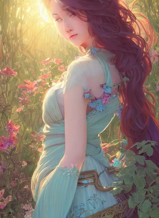 Image similar to beautiful girl with long turqoise hair, in a garden, cute, intricate, highly detailed, digital painting, trending on artstation, concept art, smooth, sharp focus, backlit, rim light, vivid colors, illustration, unreal engine 5, 8 k, art by rossdraws and alphonse mucha