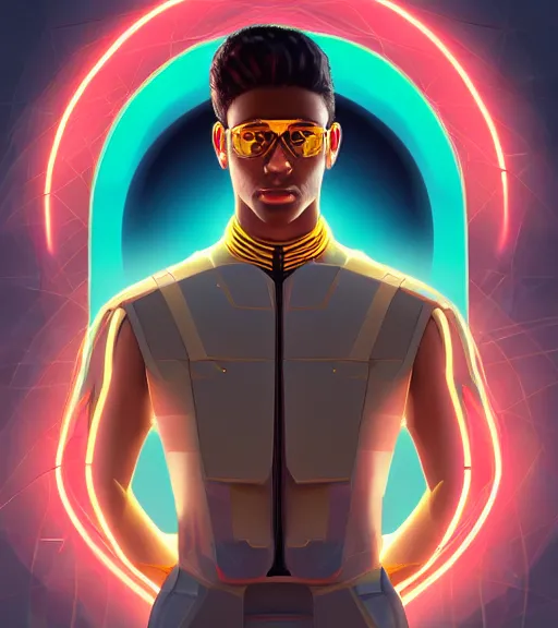 Image similar to symmetry!! egyptian prince of technology, solid cube of light, hard edges, product render retro - futuristic poster scifi, lasers and neon circuits, brown skin man egyptian prince, intricate, elegant, highly detailed, digital painting, artstation, concept art, smooth, sharp focus, illustration, dreamlike, art by artgerm