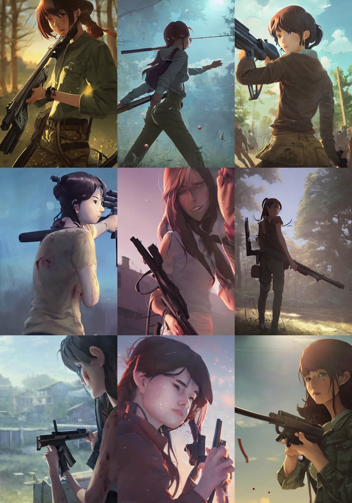 Prompt: a girl with a rifle shooting zombies, full shot, atmospheric back lighting, detailed face, by makoto shinkai, stanley artgerm lau, wlop, rossdraws