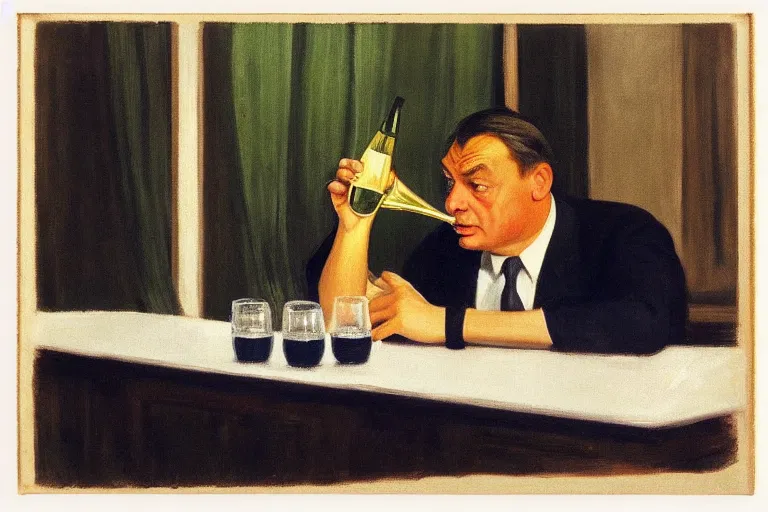 Image similar to viktor orban drinking champagne by edward hopper