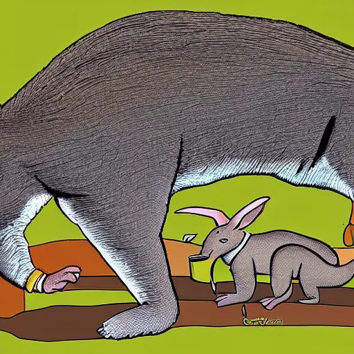 Image similar to the aardvark plays with the anaconda on a friday while taking out the trash, digital art