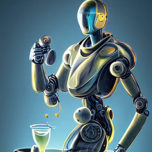 Image similar to a futuristic robot savouring a golden kiwi, ecstatic, uplifting, euphoric, detailed, 8 k, trending on artstation, award - winning art