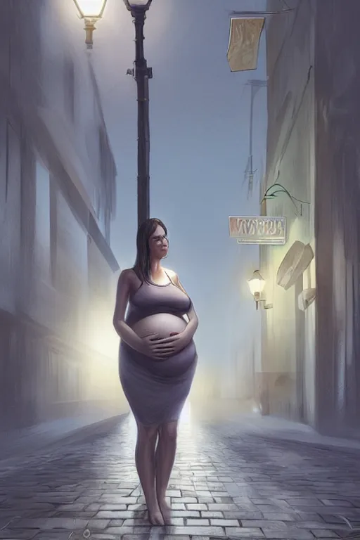 Prompt: pregnant woman under street light, highly detailed, sharp focused, ultra realistic digital concept art by Greg Olson