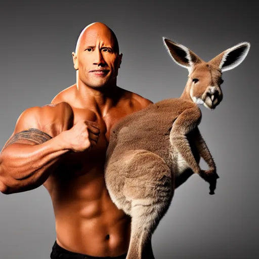 Prompt: dwayne johnson fighting a kangaroo, portrait, studio photography, studio lighting, high detail, 8 k