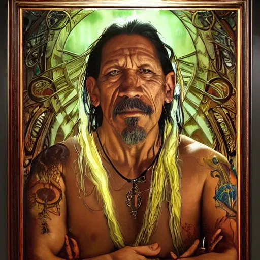Image similar to an acrylic on canvas portrait of Danny Trejo Shaman Lightworker Alchemist Druid, Mystery, Love, wholeness, rooted lineage, web of life, open eye freedom by Greg Rutkowski, Artgerm and Alphonse Mucha. Epic fantasy art.