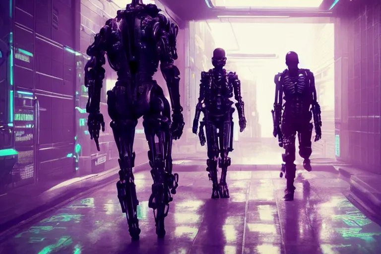 Image similar to cyberpunk skeletal black mecha android walking down hallway, Skeletal face single eye. long limbs black shiny. glowing_red_eye RTX UE5 Artstation Bladerunner_2049_scene!!!!!! Cyberpunk 2077 bladerunner2049!!! bladerunner!!! Dark figure walking down white hallway slightly offset fancy hallway. reflective floor!!!!! Tom Bagshaw and Greg Rutkowski and Alphonse Mucha