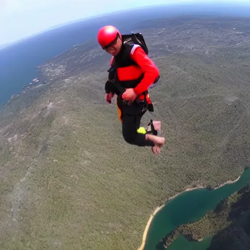 Prompt: GoPro video of Mr Bean base jumping