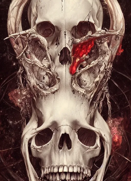 Image similar to White Rabbit Death Tarot card,highly detailed,half skull face,cinematic,8k,by Stanley Artgermm,Tom Bagshaw,Greg Rutkowski,Carne Griffiths, Ayami Kojima, Beksinski, Giger,trending on DeviantArt,hyper detailed,horror, full of colour