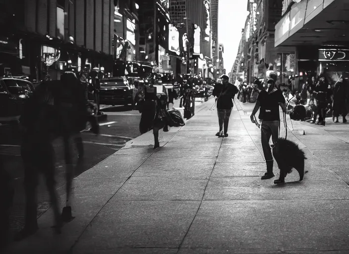 Image similar to photography of a Cat being carried in an half open backpack . in a new york street. award winning photo, led lighting, night, 130mm, sharp, high res