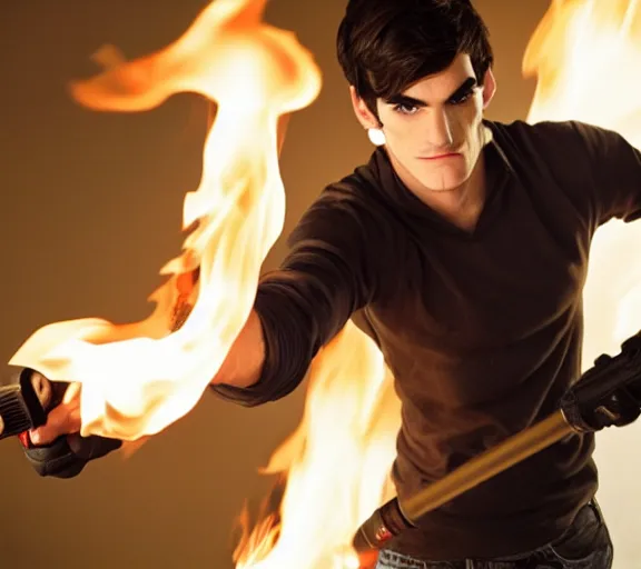 Image similar to rj mitte holding a flamethrower, movie still, upper body shot, photorealistic, clean composition