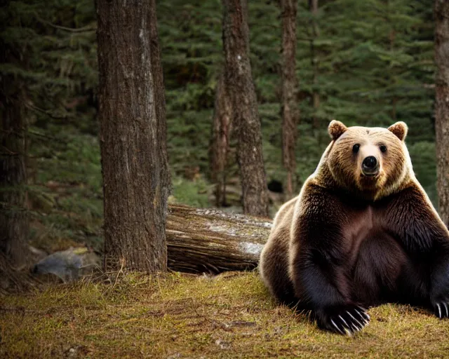 Prompt: a grizzly bear sitting in a couch in the woods, tame bear, professional photo, diffuse lighting, high contrast, f/22, 35mm