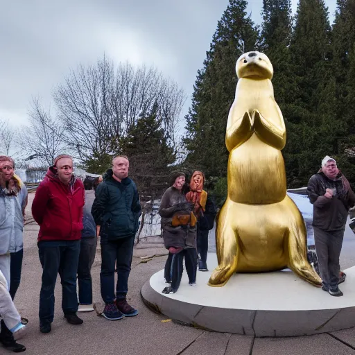 Prompt: humans praying to a statue of a giant golden baby harp seal, Leica, 4k photo