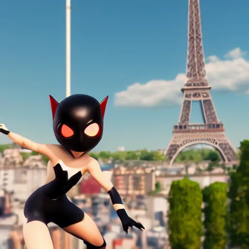 Image similar to dynamic angle of superheroe Marinette Dupain-Cheng from Miraculous: Tales of Ladybug & Cat Noir action pose in front of the eiffel tower, octane render, close-up, fresh, sunny day