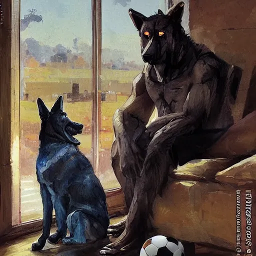 Image similar to a humanoid german shepherd beast - man, sitting and watching a soccer match in his house on television, he has hurt his knee and is a dad, by erin hanson, alexi zaitsev, karl spitzweg, award winning, tv set