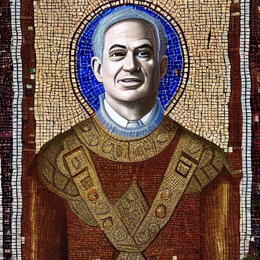 Prompt: head and shoulders portrait of benjamin netanyahu, as king of israel, white hair, royal clothes and a golden crown 👑 over his head, as a byzantine mosaic, very detailed, highly realistic, elegant, top art, renowed artwork