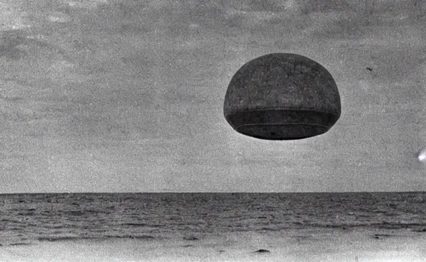 Image similar to ufo above a beach, old photo, newspaper photo, front page news