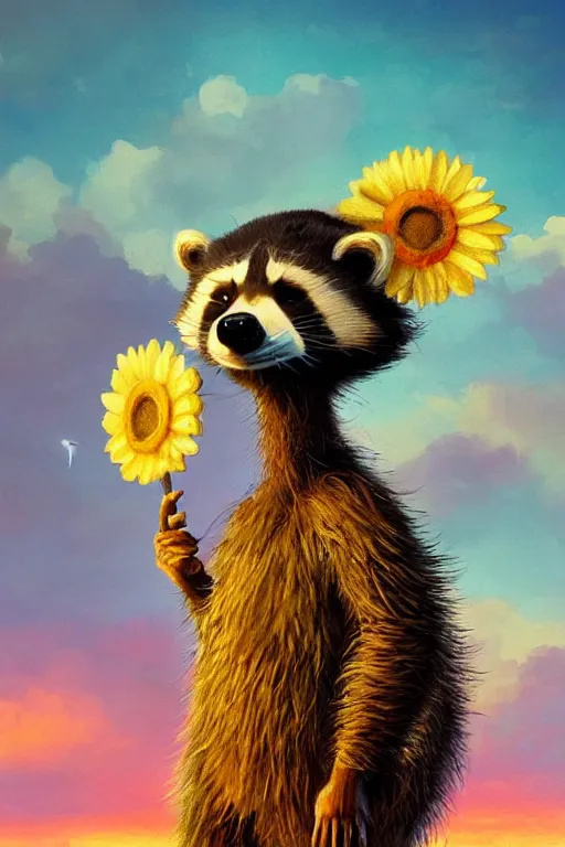 Image similar to giant daisy flower head, anthropomorphic raccoon on salt flats, surreal photography, sunrise, dramatic light, impressionist painting, colorful clouds, digital painting, artstation, simon stalenhag