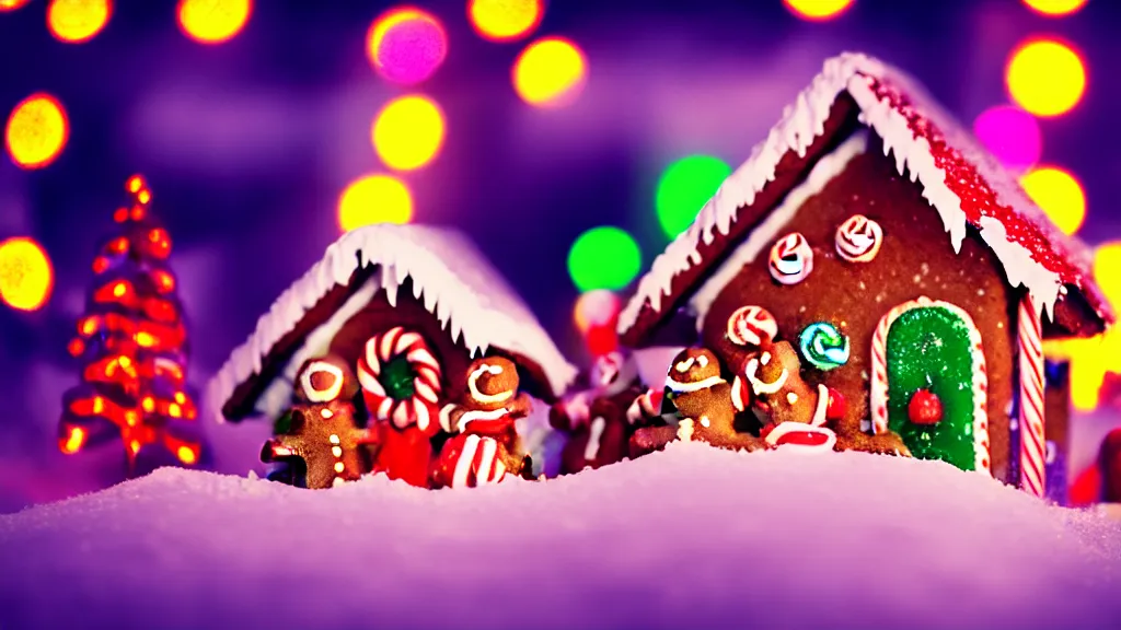 Prompt: closeup of colorful miniature gingerbread house at night, gingerbread people, candy canes, forest, christmas, snow, bokeh, depth of field 1 0 0 mm, cinematic scene, studio quality, visually stunning, unreal engine, octane render