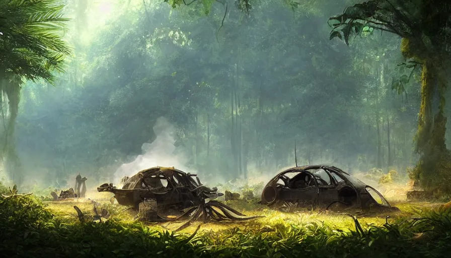 Image similar to a beautiful painting of an archaeological excavation of a smoking crashed ufo, in a lush jungle, ray traced lighting by kalin popov and greg rutkowski