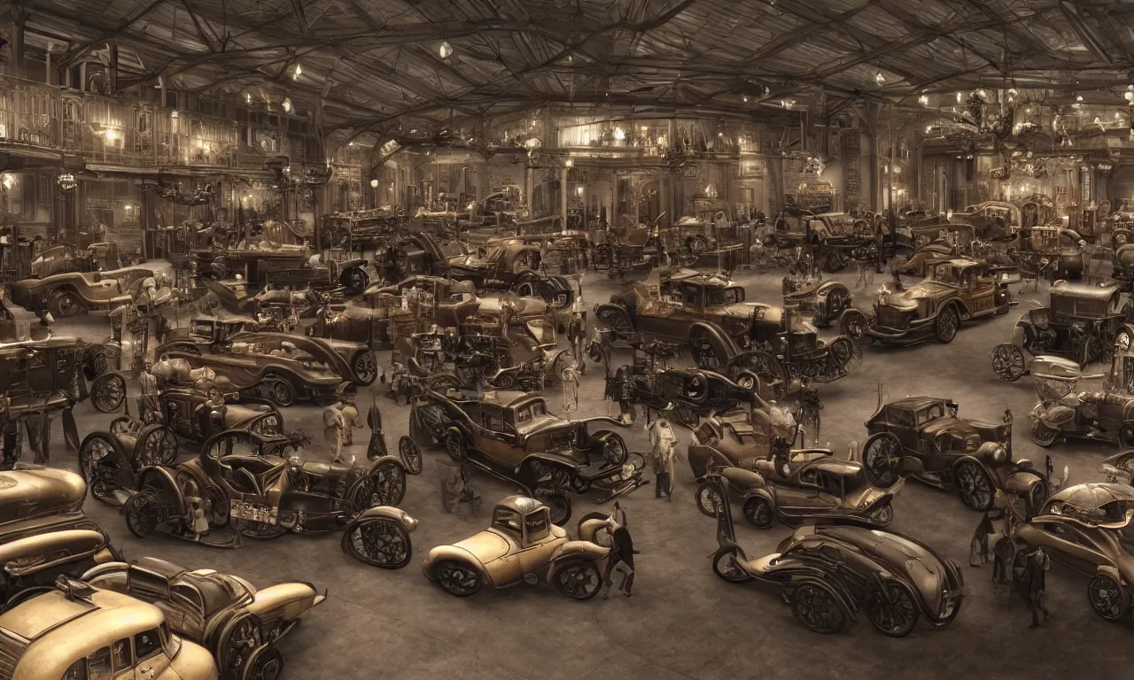 Prompt: exhibition hall of full of restomods cars, steampunk, high detail, shading unreal engine 5, from movie by digital domain and weta digital, strong ambient occlusion
