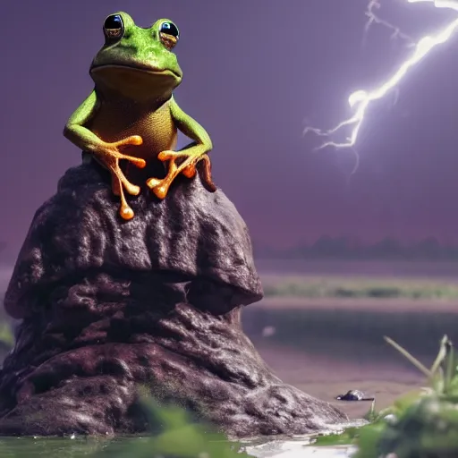 Prompt: a frog wizard sitting on a throne on an apocalyptic plagued swamp, trending artstation, octane render, 8k, cinematic lightning, matte painting,