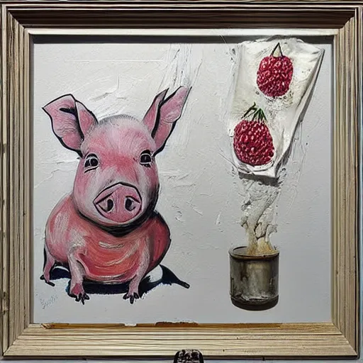 Image similar to “pig paintings and pig sculptures in a pig art gallery, pork, ikebana white flowers, white wax dripping, squashed raspberry stains, acrylic and spray paint and oilstick on canvas, by munch and Dali”