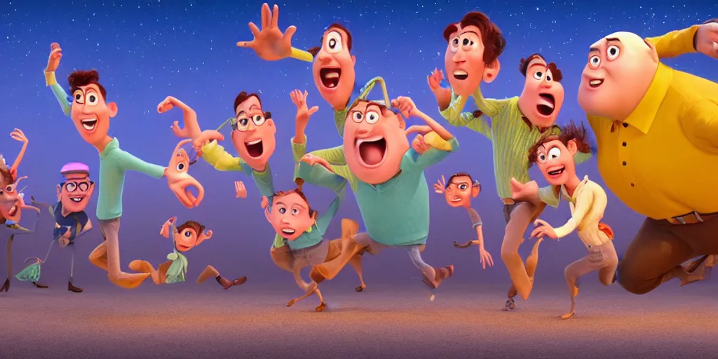 Prompt: full body shot of a bunch of ordinary people dancing expressively dynamically, pixar illumination movie by john lasseter, cinematic wide angle