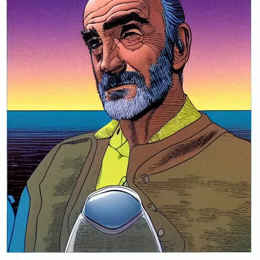 Prompt: sean connery retro minimalist portrait moebius starwatcher comic by jean giraud, 8 k