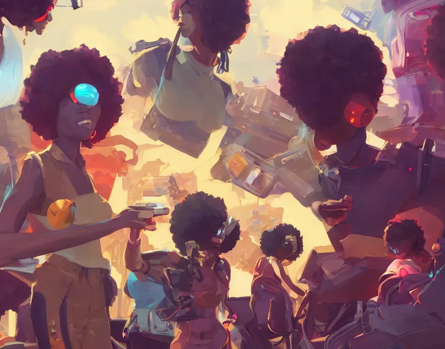 afro - futuristic gamers, game consoles and joysticks