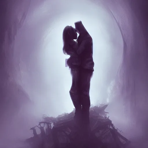 Image similar to love at the bottom of the abyss, athmospheric 4k, foggy atmosphere, scary picture, dark shadows, artstation, deviantart, beautiful digital painting