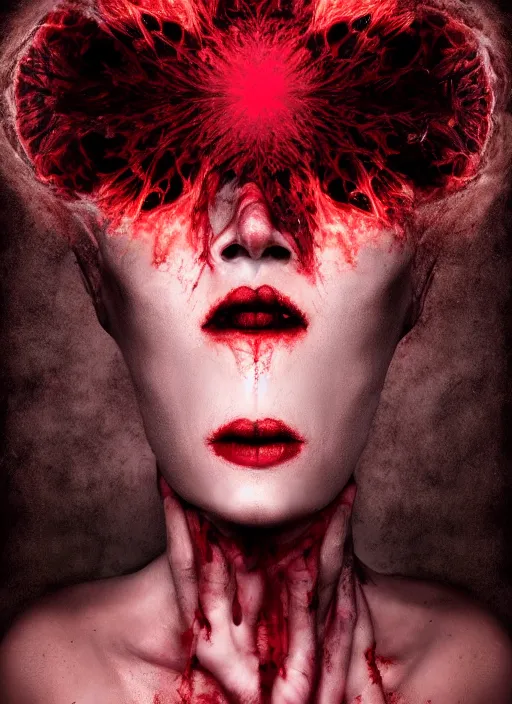 Image similar to dramatic red matte portrait painting of woman with black mandelbrot fractal instead of face, horror, body horror, dark art, 4 k, detailed, realistic, psychotic, insane, crazy, mental illness, dramatic,