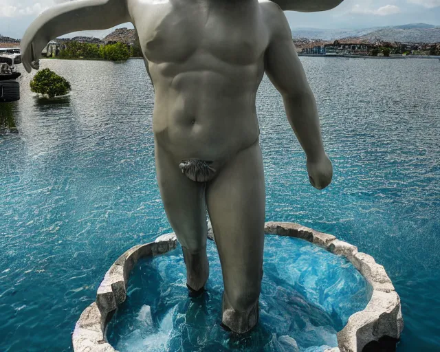 Image similar to a giant abstract sculpture of a legendary greek warrior god on the water, in the style of robert gober, award winning, cinematic, hyper - realistic, very detailed, realistic water splashes, ray tracing, 8 k resolution, long - shot, sharp focus, low angle, 8 5 mm photograph, wide lens