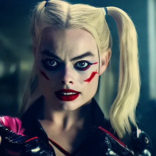 Prompt: Margot Robbie as real-life Harley Quinn, cinematic, Wide-shot, atmospheric lighting, directed by Quentin Tarantino, extreme detail, 8K, movie still