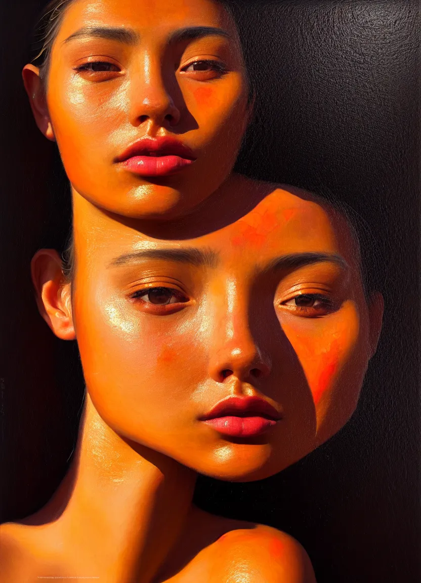 Prompt: a face portrait of a beautiful girl enjoying the warm sunlight, aztec setting, close - shot, symmetrical face, warm colors, soft lighting, atmospheric, cinematic, moody, in the style of diego koi, gina heyer, luiz escanuela, art by alyssa monk, hyperrealism, rule of thirds, golden ratio, oil on canvas, 8 k