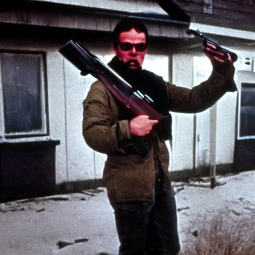 Image similar to a high quality filmic action horror movie style photograph of a man holding a double barreled shotgun to his own face in 1982 antarctica