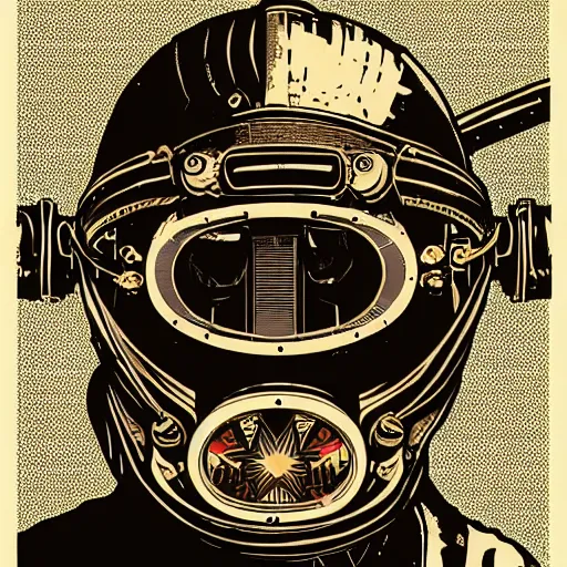 Image similar to Illustrated by Shepard Fairey and H.R. Geiger | Steampunk Mad Max with VR helmet, surrounded by cables