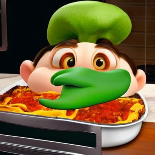 Prompt: pixar style platypus on a kitchen wearing a chef hat and holding a lasagna into an over, with three basil leaves over the lasagna, pixar style, ultradetailed, 3 d, ratatouille style