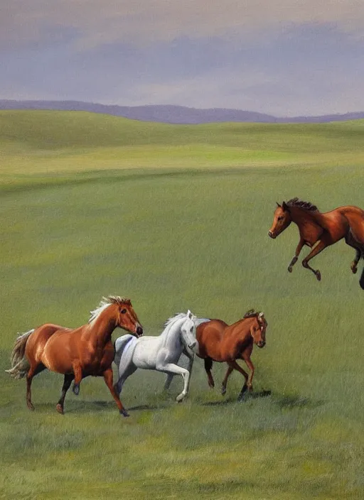 Prompt: three horses running in a field, by ansin martin