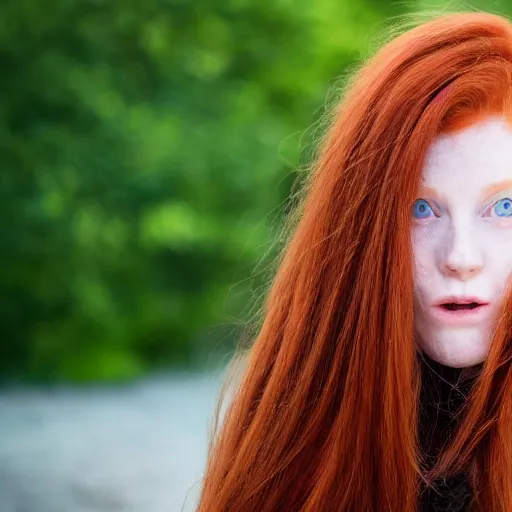 Image similar to close up portrait photo of the left side of the face of a redhead woman with blue eyes and big black round pupils who looks directly at the camera. Slightly open mouth, face covers half of the frame, with a park visible in the background. 135mm nikon. Intricate. Very detailed 8k. Sharp. Cinematic post-processing. Award winning photography