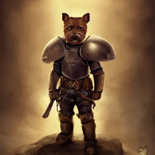 Prompt: Ryan Reynolds as a cute little anthropomorphic border terrier knight with the face of Ryan Reynolds wearing leather body armor, joy, happy, adorable, short, baby animal, DnD character art portrait, ultra realistic, ultra detailed, cinematic lighting, epic lighting, volumetric light, DeviantArt Artstation, by Jason Felix by Steve Argyle by Tyler Jacobson by Peter Mohrbacher