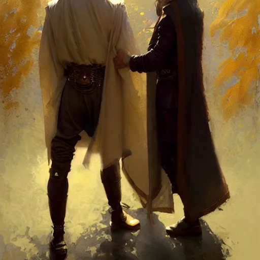 Image similar to attractive fully clothed king confesses his love for his attractive fully clothed male prince. highly detailed painting by craig mullins, tom bagshaw,