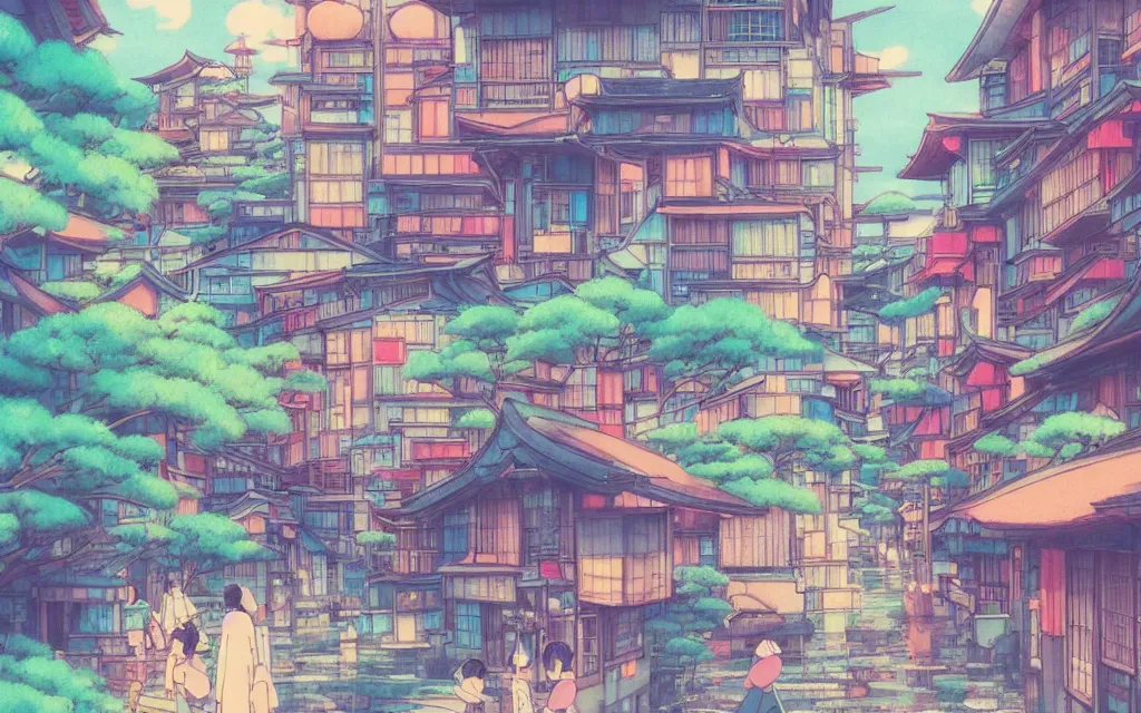 Image similar to a japanese city near the sea, lofi, dreamy, moody, very colorful, anime inspiration, ghibli vibe